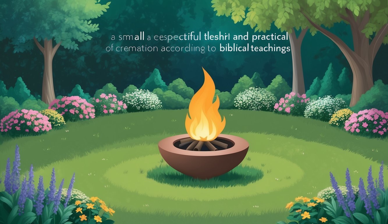 A peaceful garden with a small, well-tended fire pit surrounded by flowers and trees, symbolizing the respectful and practical aspects of cremation according to biblical teachings