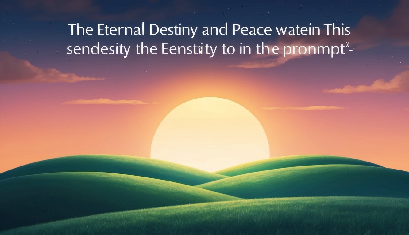 A serene landscape with a glowing sunset over rolling hills, symbolizing the eternal destiny and peace mentioned in the prompt