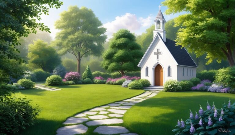 White chapel with cross, stone path, and lush green garden