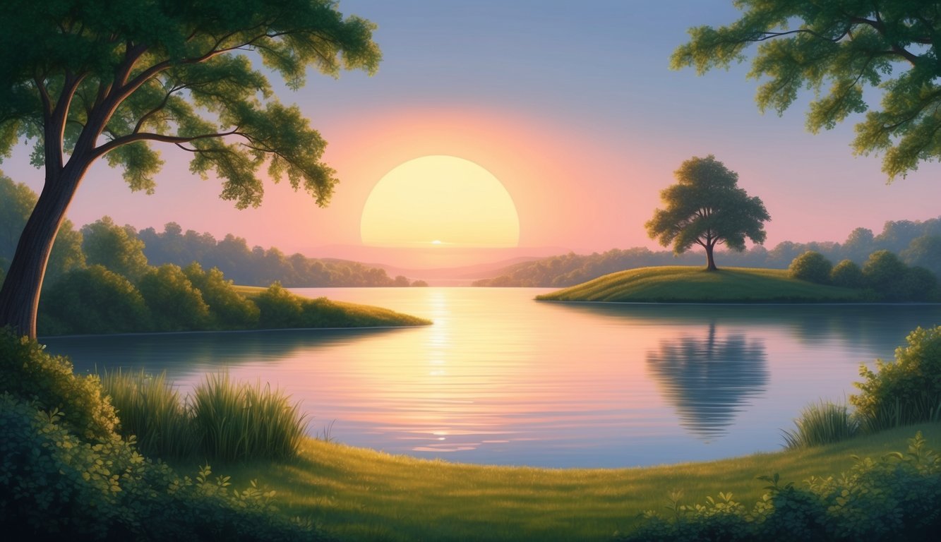 A serene landscape with a glowing sunset over a calm body of water, surrounded by lush greenery and a solitary tree