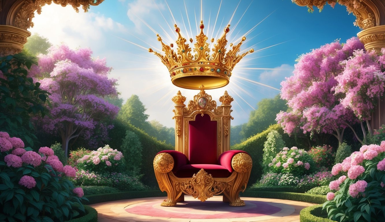 A radiant, golden crown atop a regal, ornate throne surrounded by lush, blooming gardens