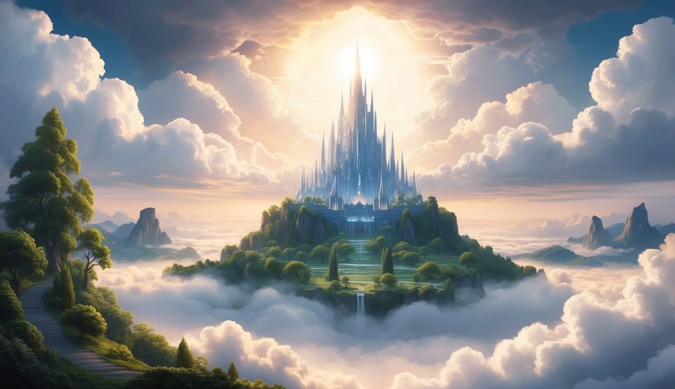 A serene landscape with a majestic kingdom rising above the clouds, surrounded by lush greenery and illuminated by a heavenly light