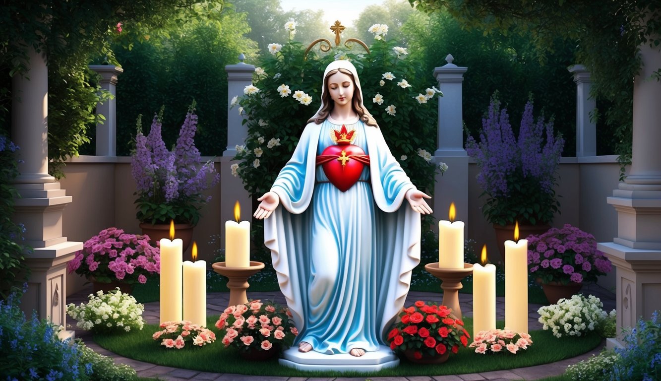 A serene garden with a statue of the Sacred Heart of Mary surrounded by flowers and candles