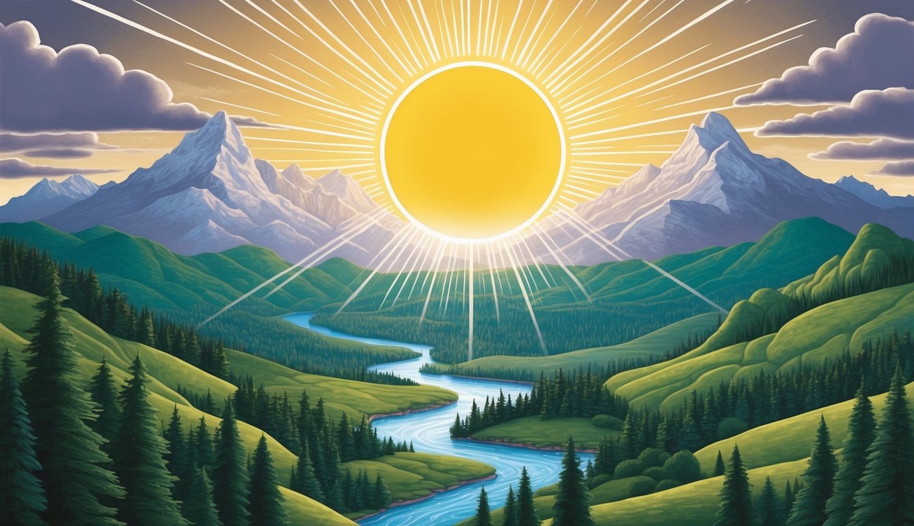 A radiant sun illuminates a vast landscape, with mountains, forests, and rivers.</p><p>A sense of purpose and divine calling is conveyed through the harmony and balance of the natural elements