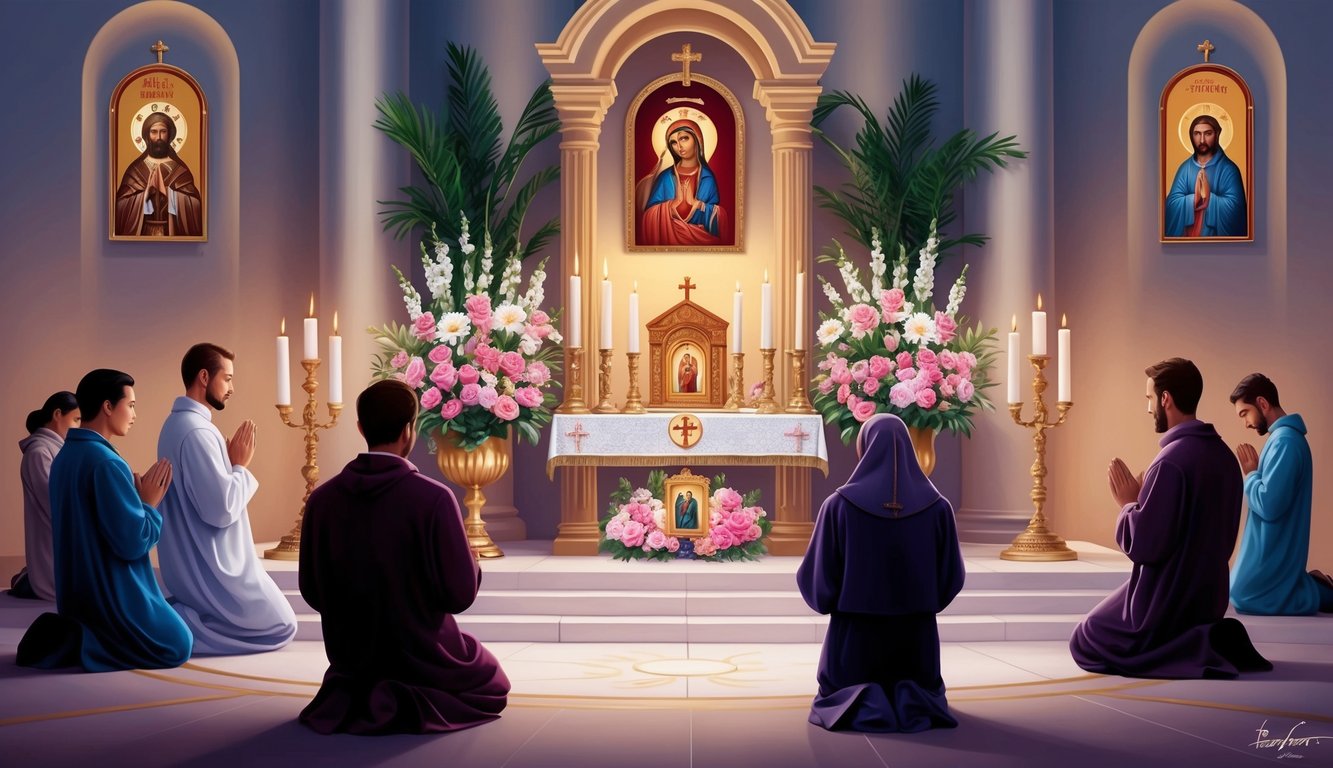 A serene, candlelit altar adorned with flowers and religious icons, surrounded by devout worshippers in prayer