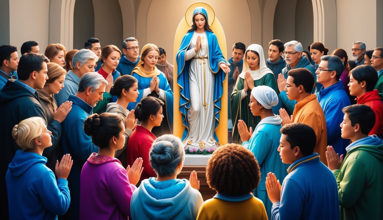 A group of people gather in prayer around a statue of the immaculate conception, their faces filled with devotion and hope.</p><p>The scene is filled with a sense of community and personal faith