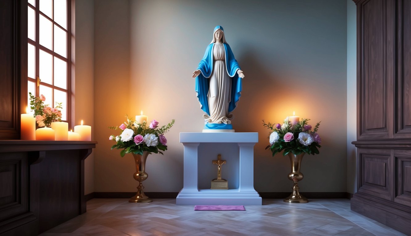 A serene candlelit room with a small altar adorned with flowers and a statue of the immaculate conception