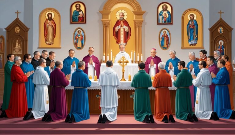 Clergy kneeling in prayer during a religious ceremony, icons on the wall