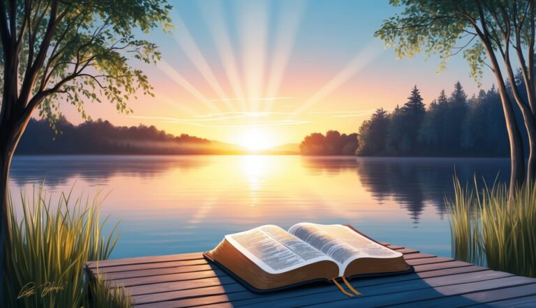 Open Bible on a dock overlooking a lake at sunrise