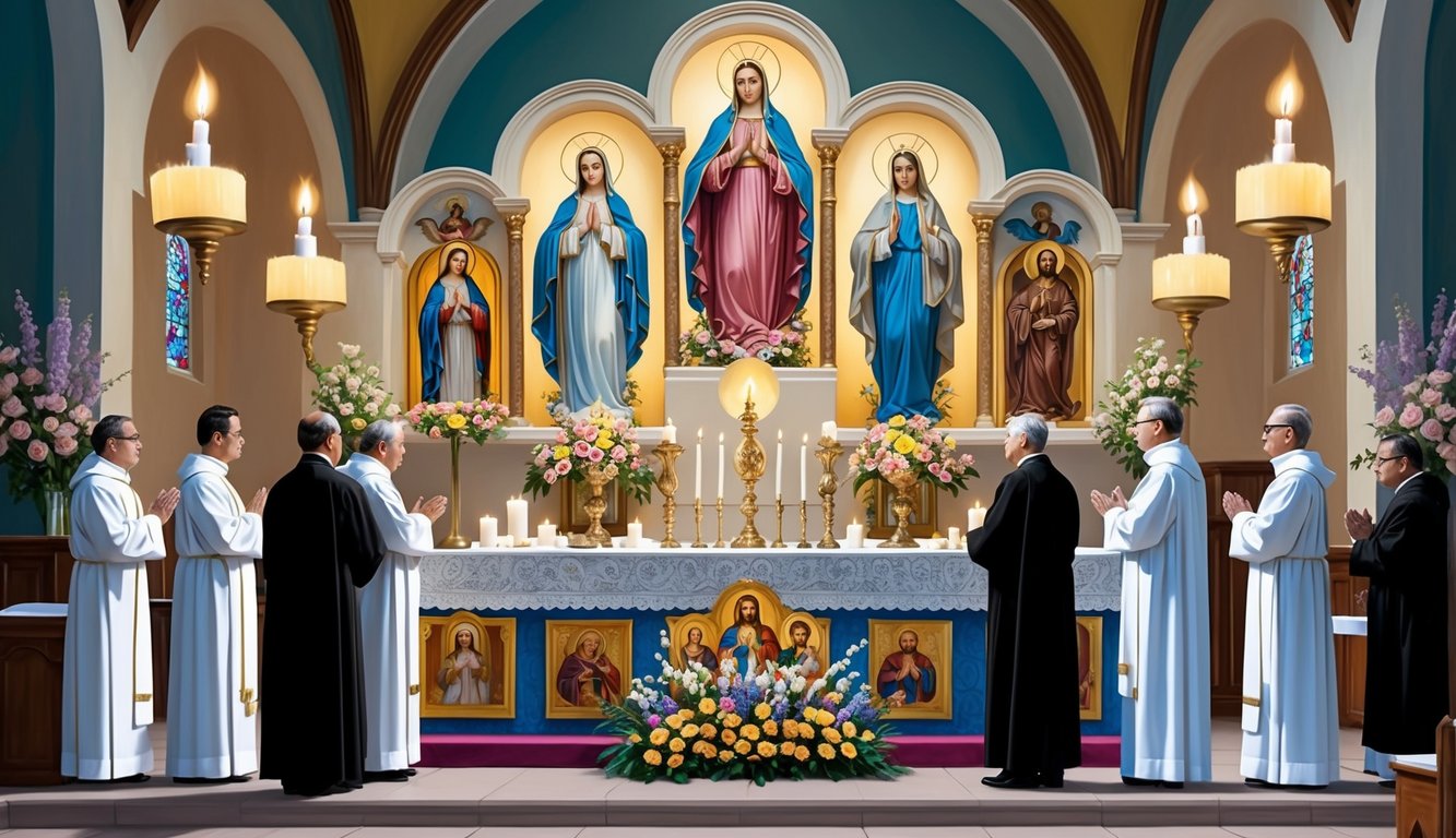 A candle-lit altar adorned with images of Mary and the Saints, surrounded by flowers and incense, as priests gather in prayer