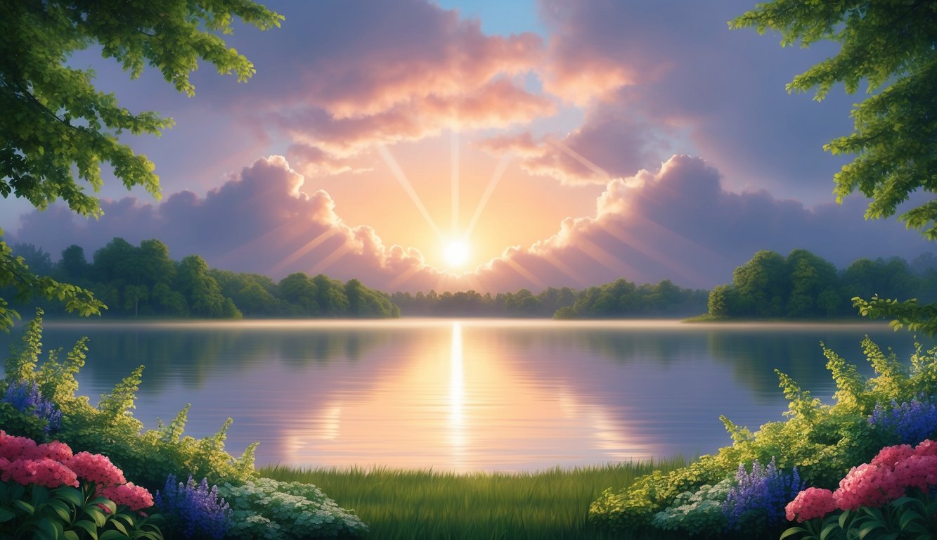 A serene sunrise over a calm lake, surrounded by vibrant flowers and lush greenery, with rays of light breaking through the clouds