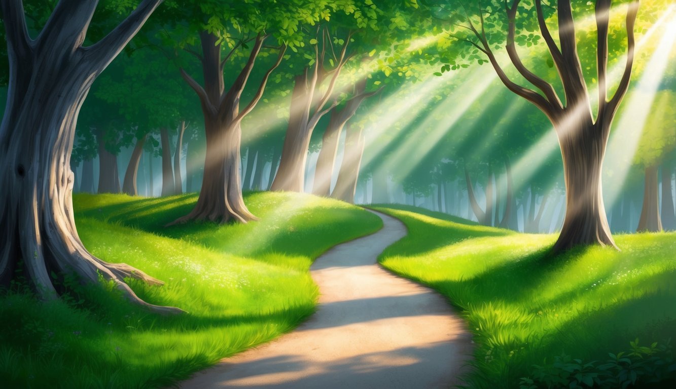 A serene path winds through a lush forest, dappled sunlight filtering through the trees, with rays of light illuminating the way forward