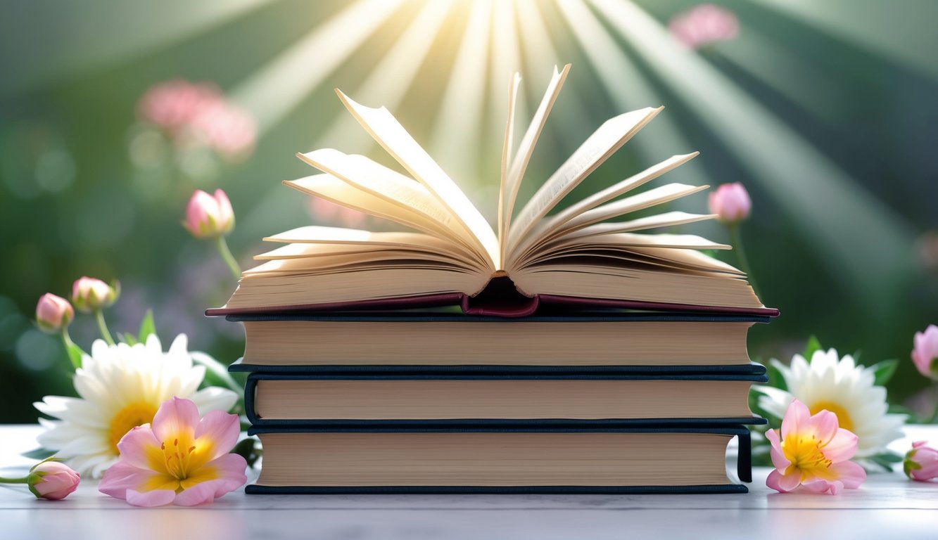 A stack of open books with rays of light shining down, surrounded by blooming flowers and a peaceful, serene atmosphere