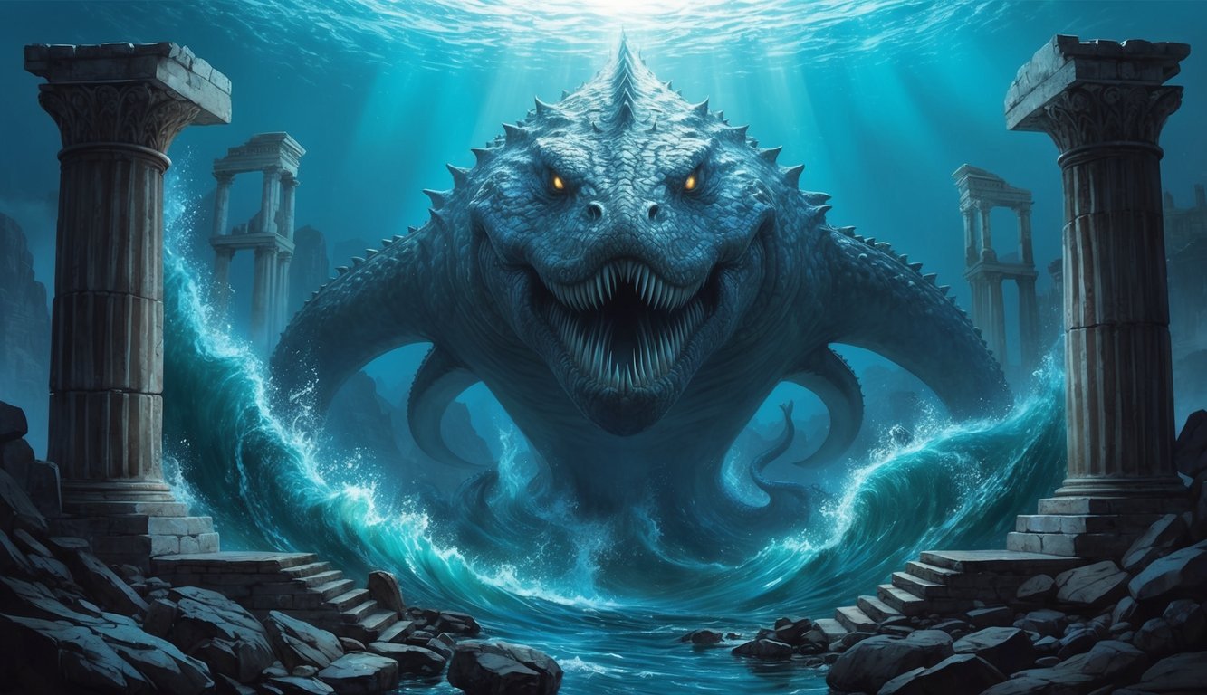 A massive, ancient sea creature emerges from the depths, surrounded by swirling waters and ancient ruins