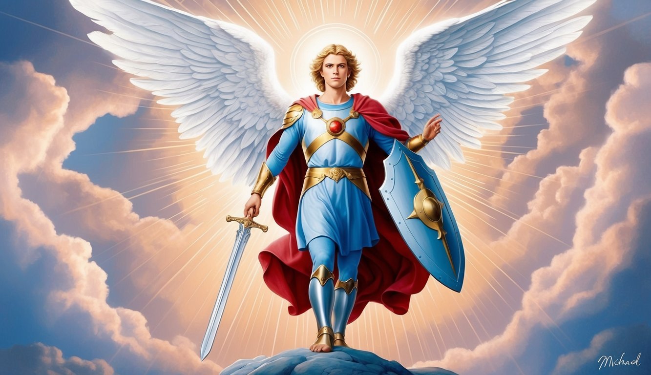 Michael the Archangel stands tall with outstretched wings, holding a sword and shield, surrounded by a radiant aura