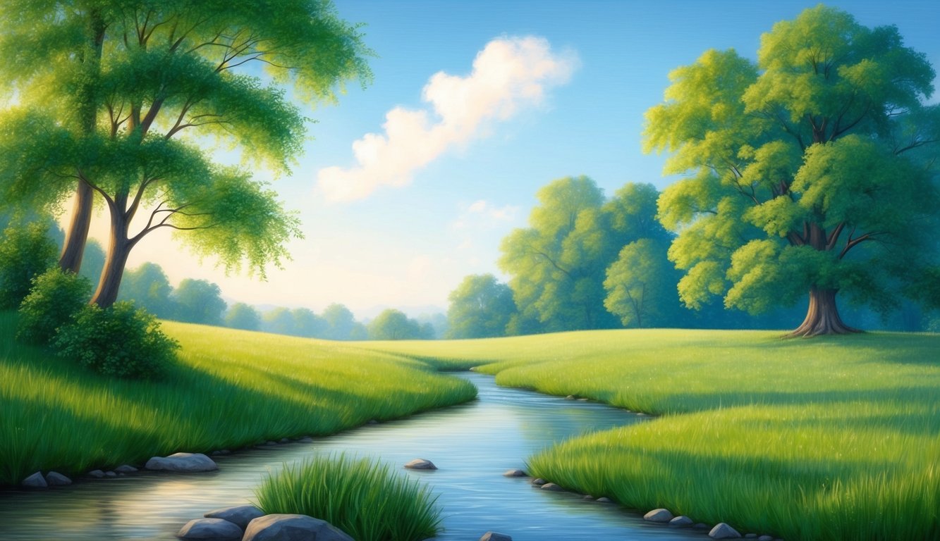 A serene landscape with a gentle stream, lush greenery, and a clear blue sky, evoking a sense of peace and assurance in God's will