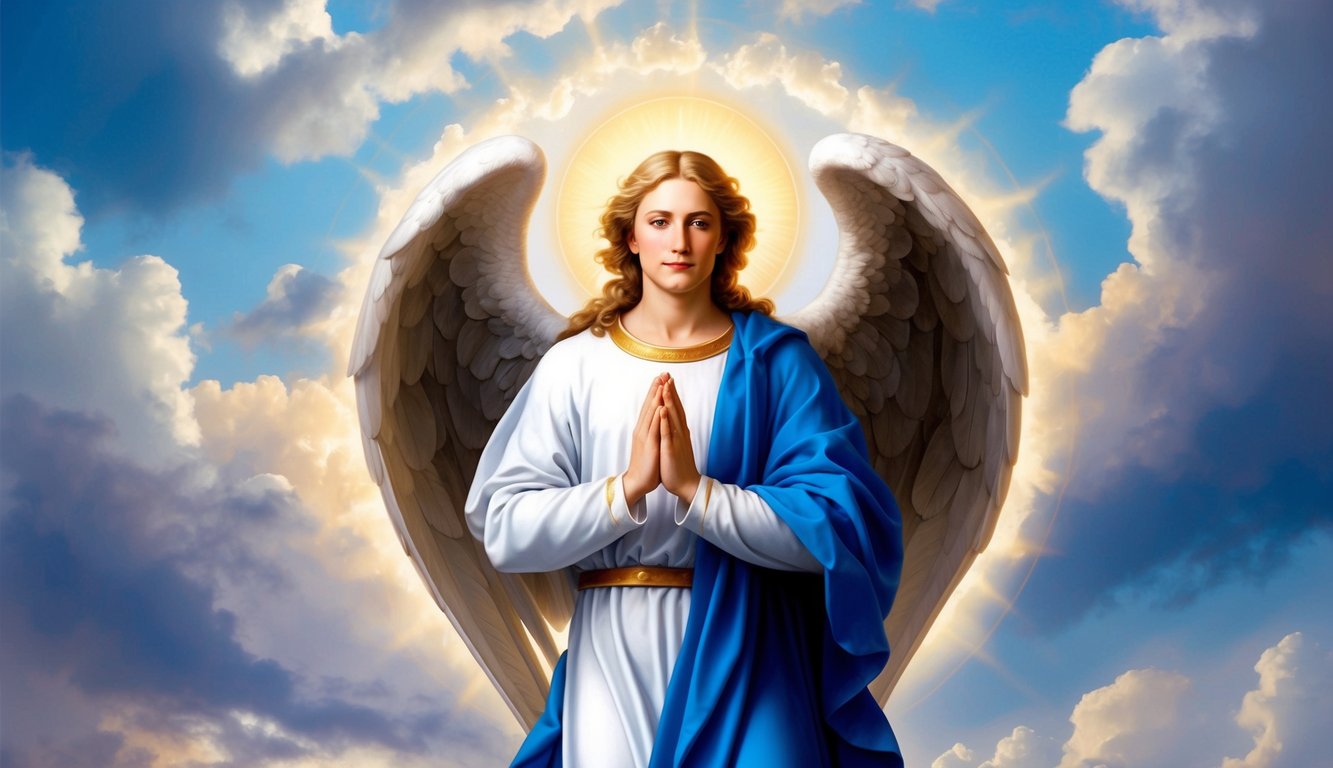 Michael the Archangel stands in prayer, surrounded by a halo of light and a sense of strength and protection