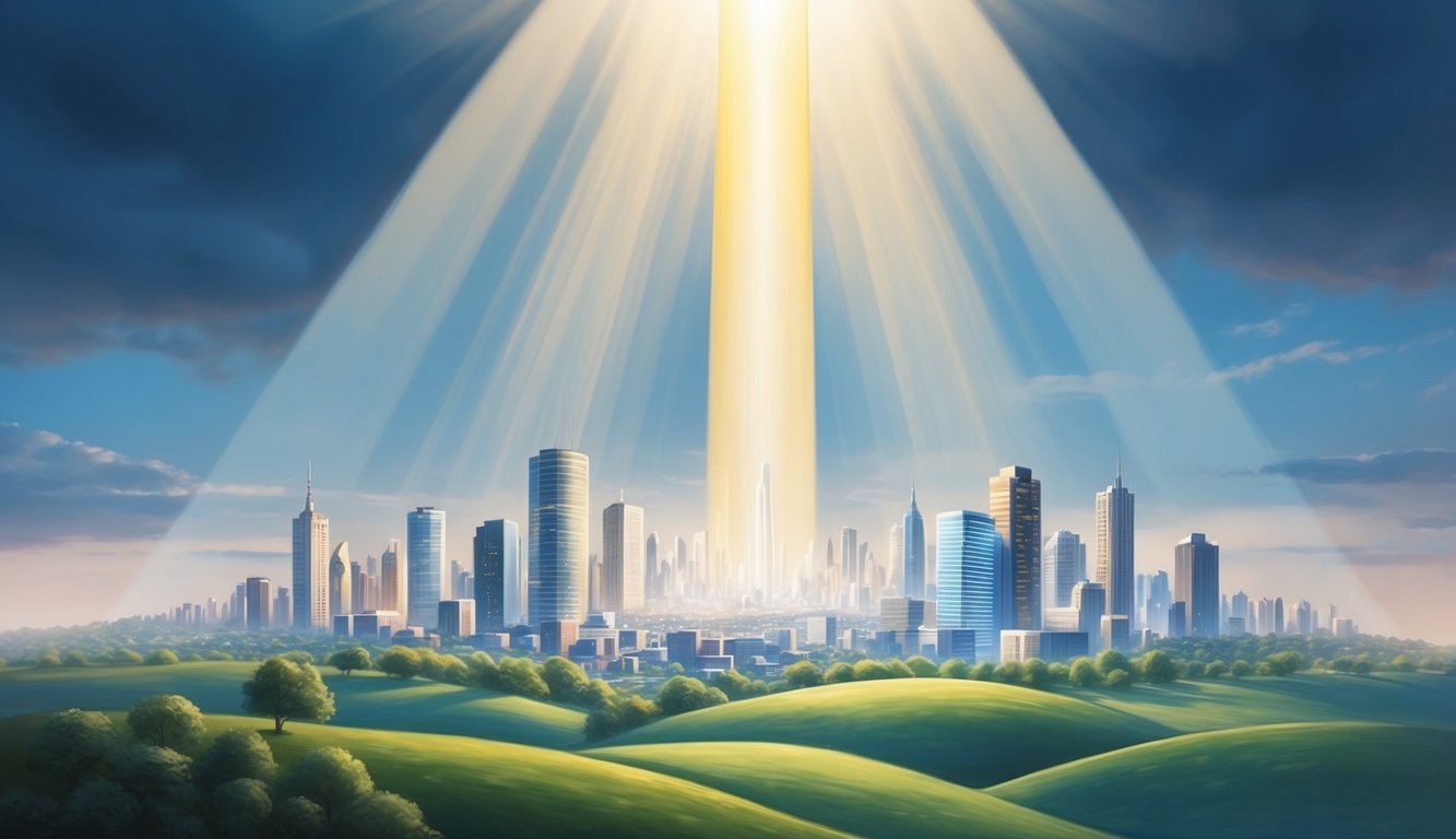 A serene landscape with a powerful beam of light shining down onto a bustling city, symbolizing divine protection in modern life