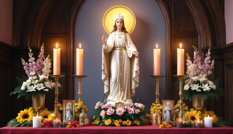 Statue of a woman with candles, flowers, and religious icons
