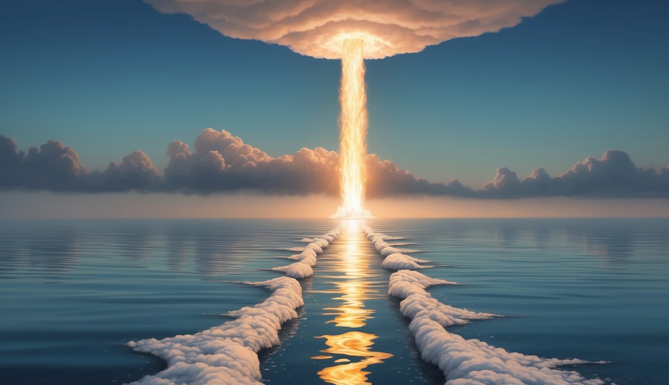 A calm sea parts, revealing a path through the waters, while a pillar of cloud and fire hovers above, leading the way