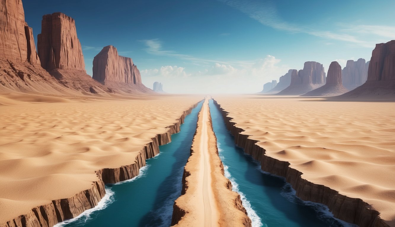 A vast desert with a narrow path leading through a parted sea, surrounded by towering cliffs on either side