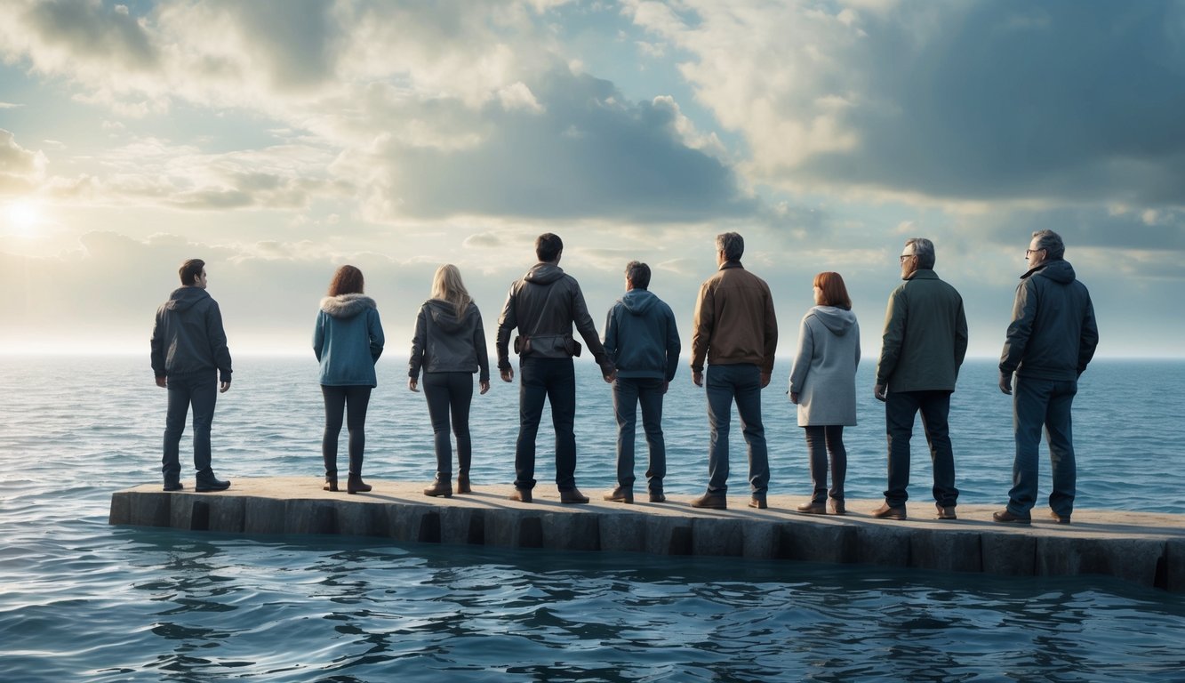 A group of people standing at the edge of a vast body of water, with a sense of uncertainty and anticipation in the air