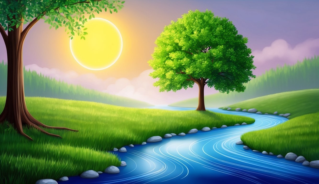 A serene landscape with a glowing sun, a flowing river, and a tree with lush green leaves, symbolizing growth and wisdom