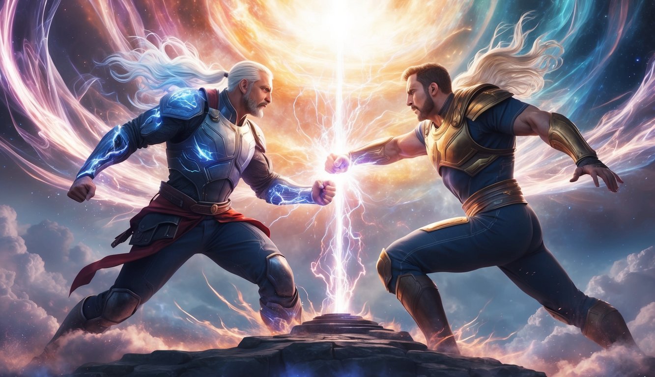 Two powerful forces clash in a celestial battleground, surrounded by swirling energy and ethereal light