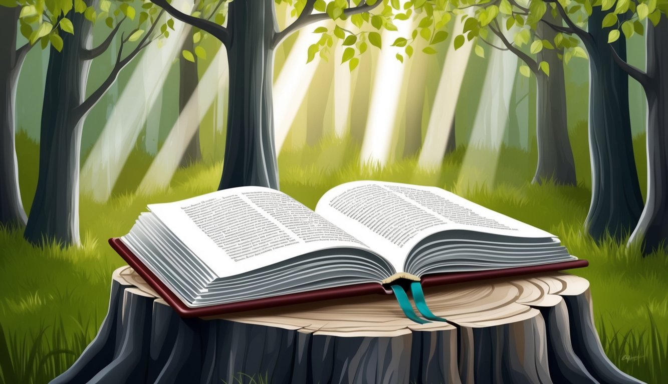 A serene forest with an open book resting on a tree stump, surrounded by beams of sunlight filtering through the leaves