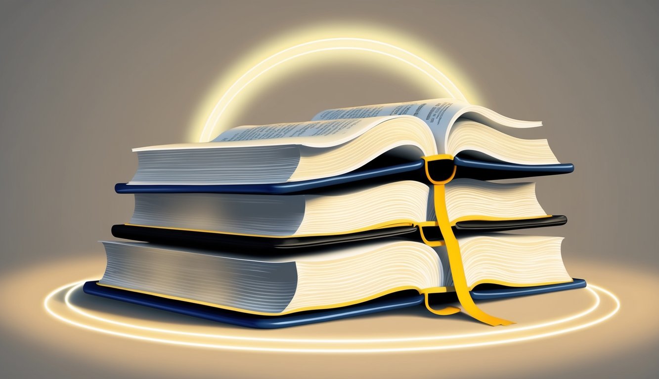 A stack of open Bibles with highlighted verses, surrounded by a halo of glowing light