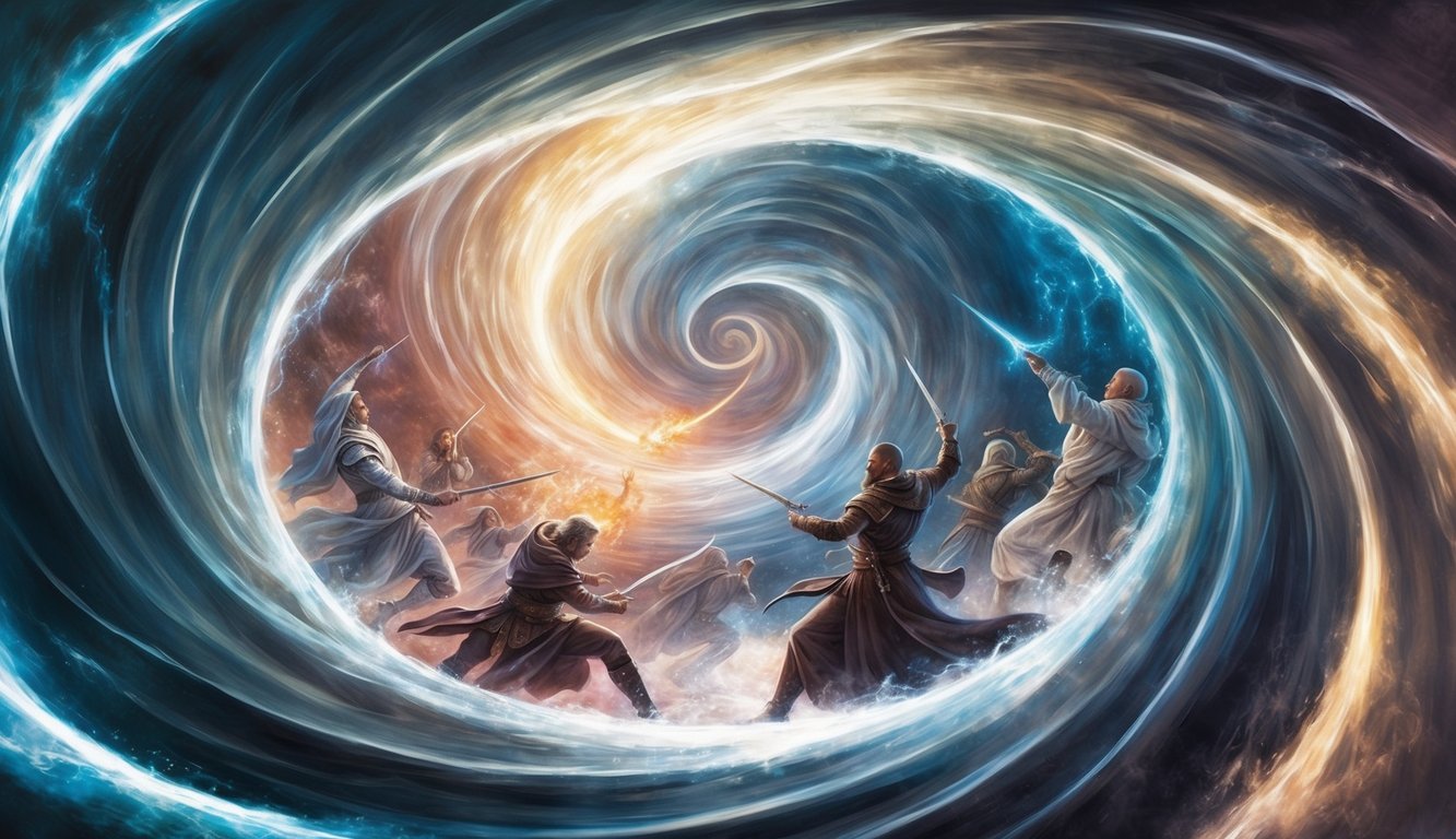 A swirling vortex of light and shadow, with ethereal figures engaged in battle amid the spiritual realm