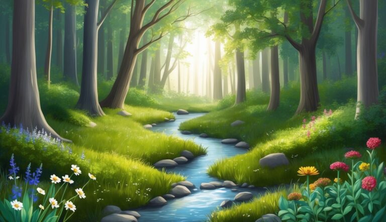 A serene forest scene with a stream, flowers, and sunlight