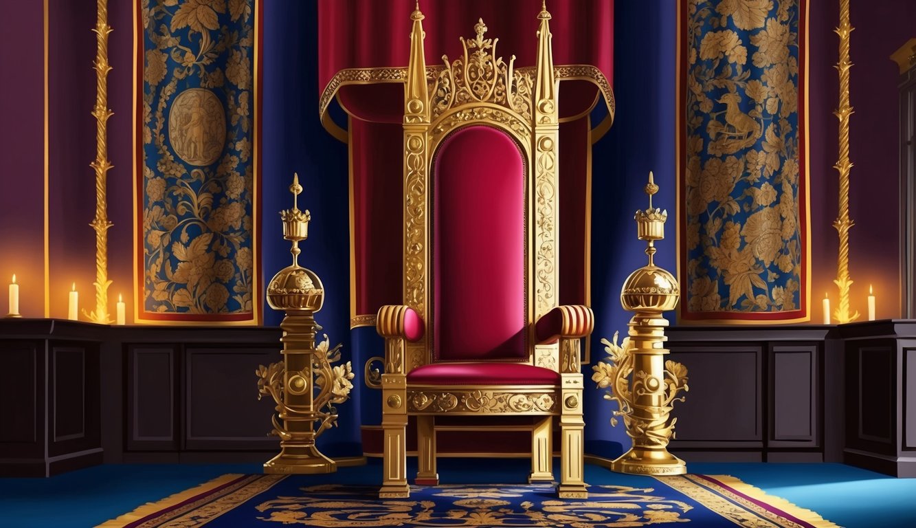 A regal throne room with a grand, ornate chair at the center.</p><p>Rich tapestries adorn the walls, and golden accents gleam in the soft candlelight