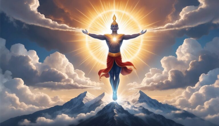 A divine figure with outstretched arms, radiating light, above mountains and clouds