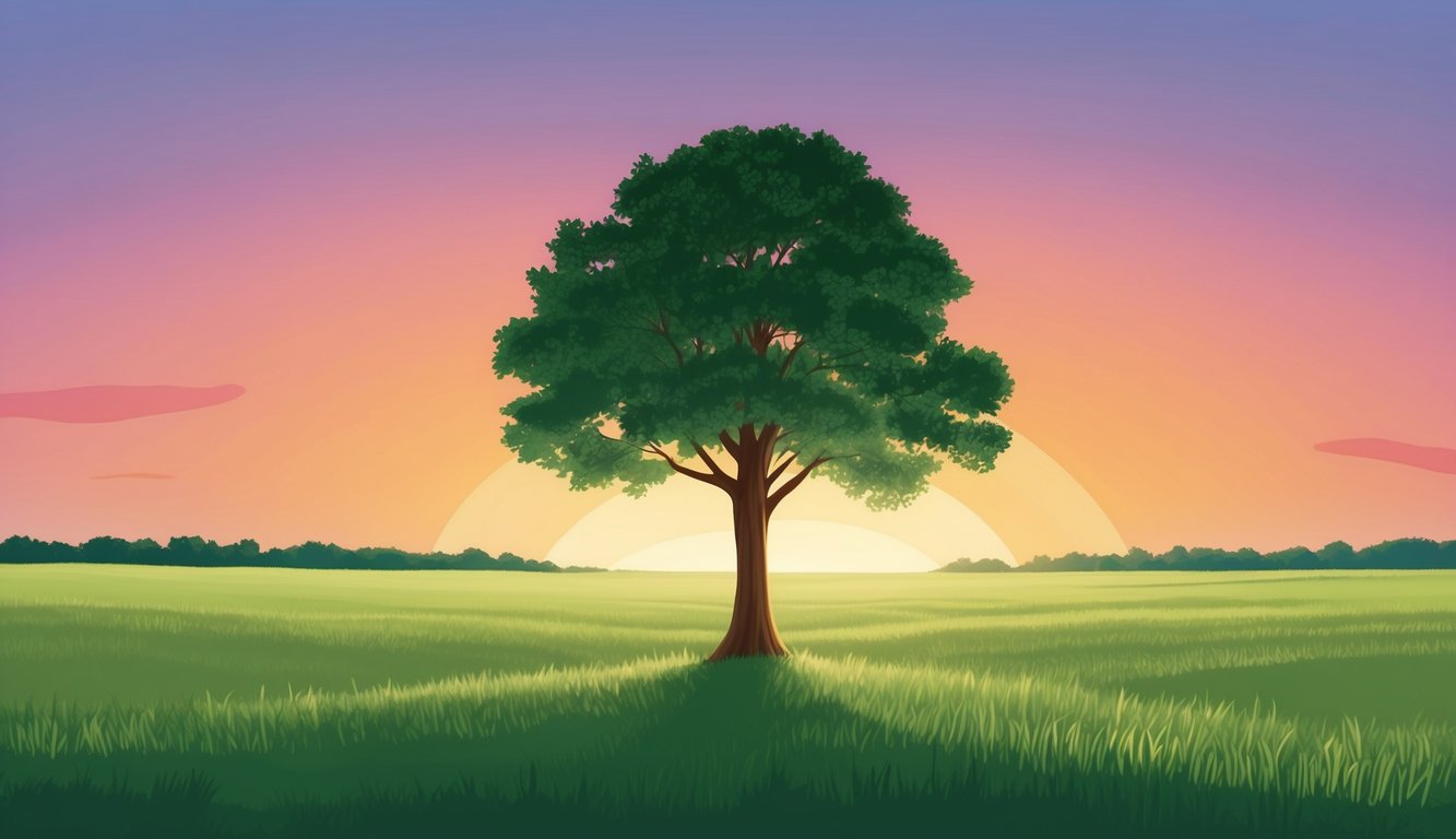 A serene, open field with a single, sturdy tree standing tall against a colorful sunset, symbolizing peace and trust