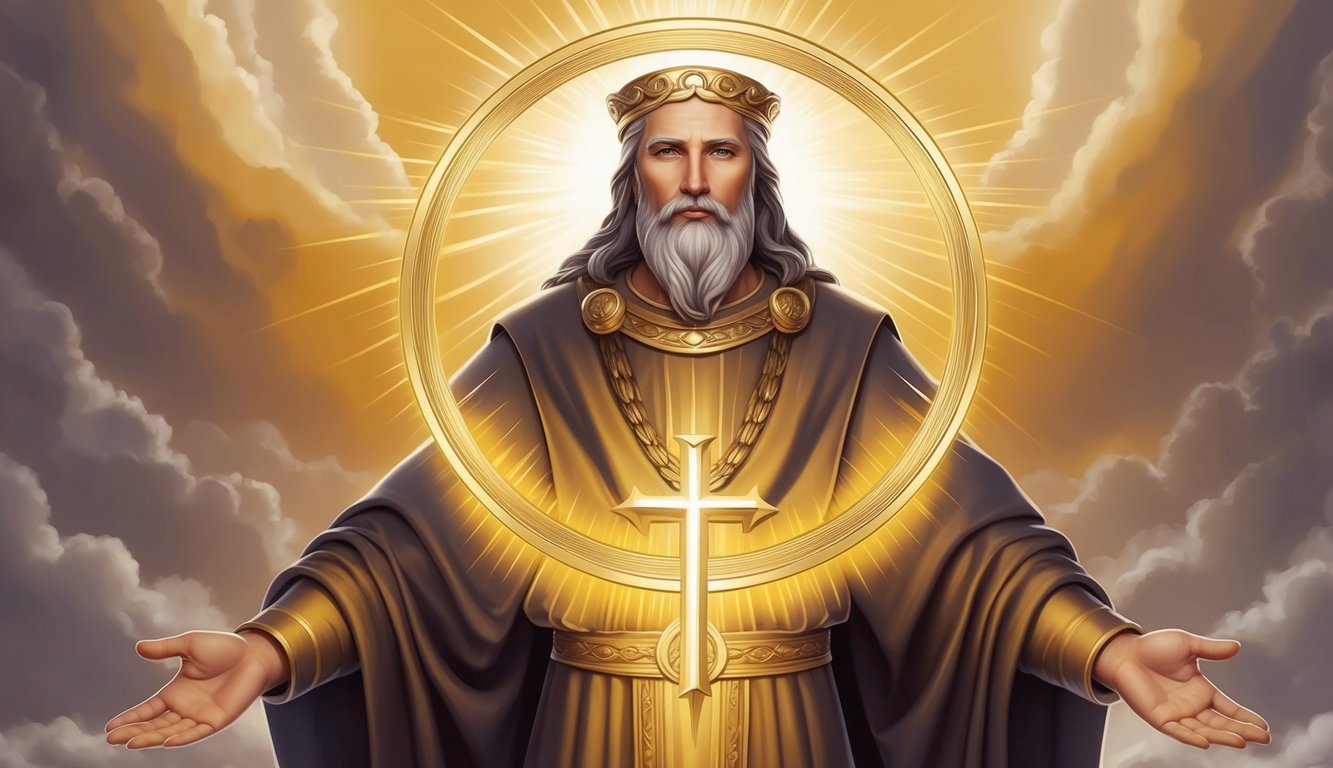 A radiant, golden halo encircles a majestic figure, emanating power and wisdom, symbolizing the divine presence of Yahweh