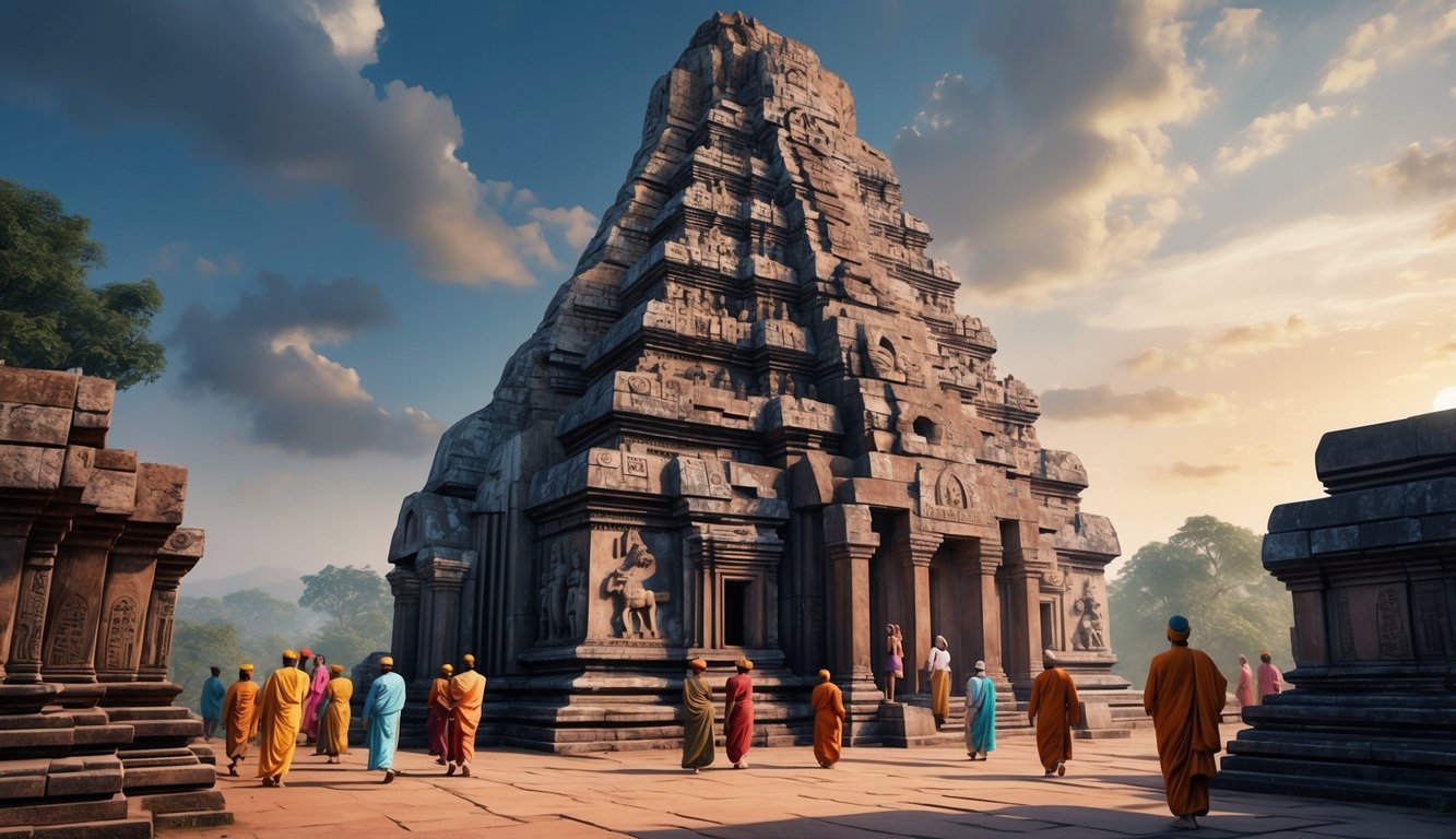 A towering ancient temple with intricate carvings of symbols and figures, surrounded by worshippers in traditional attire