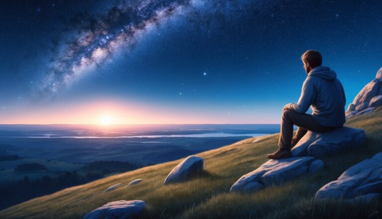 Man sits on a rock, gazing at the Milky Way and sunrise