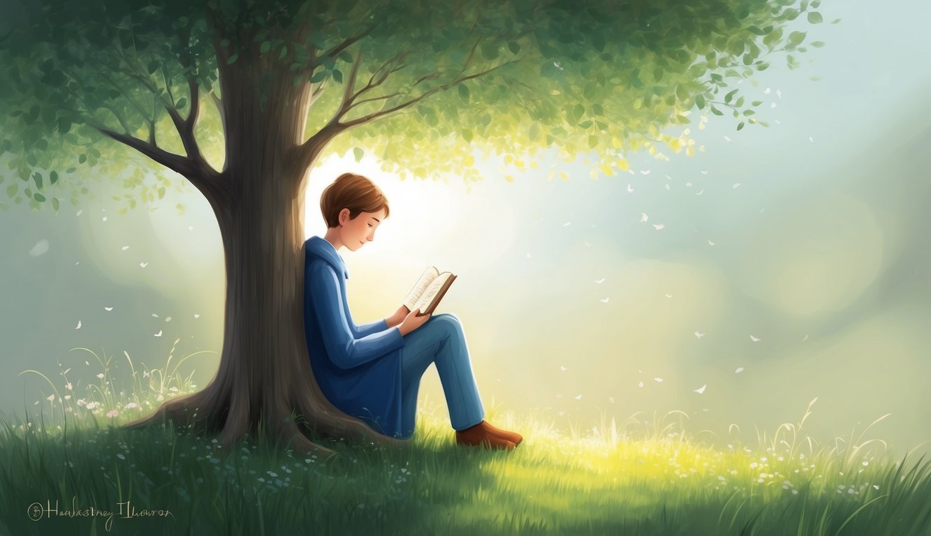 A solitary figure sits beneath a tree, surrounded by soft light and gentle nature, finding solace in the verses of a comforting book