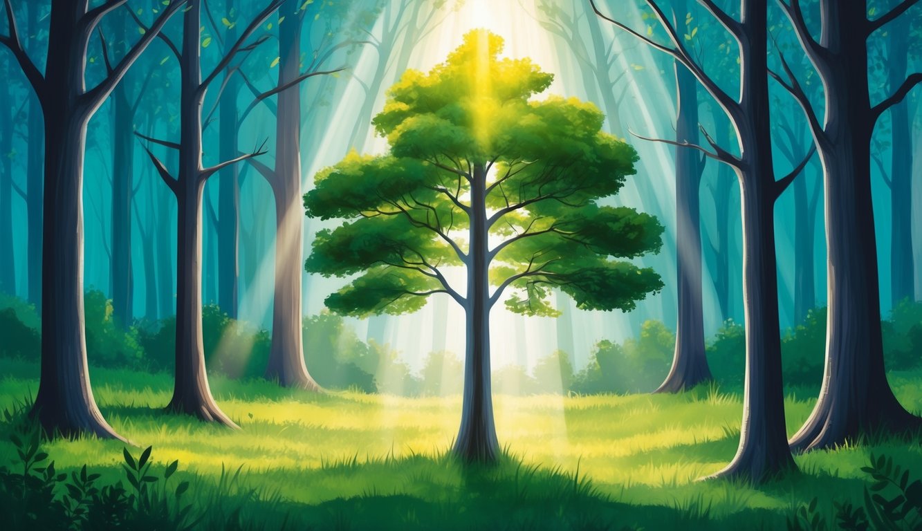 A solitary tree standing tall amidst a vibrant forest, with sunlight streaming through the branches, symbolizing the search for community and the promise of companionship