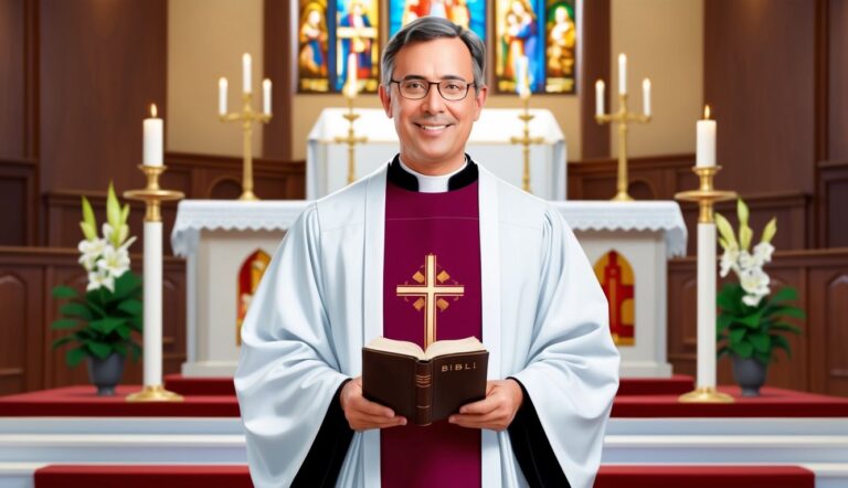 Smiling priest holding a Bible in a church, wearing a robe