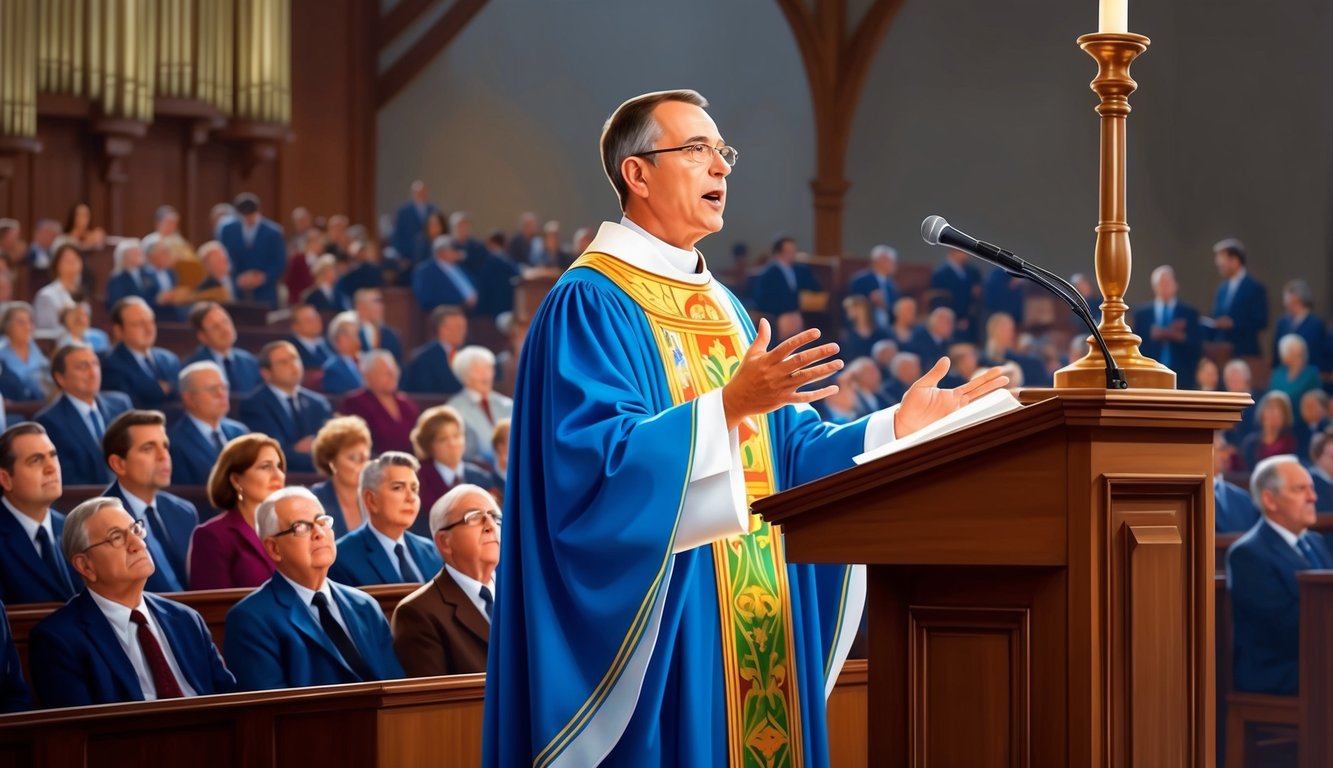 A deacon standing at a pulpit, addressing a congregation