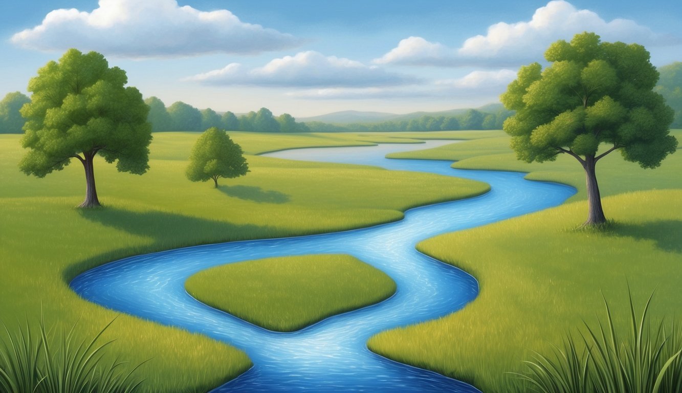 A serene landscape with three interconnected streams flowing into a single river, symbolizing the practical implications of Trinitarian belief