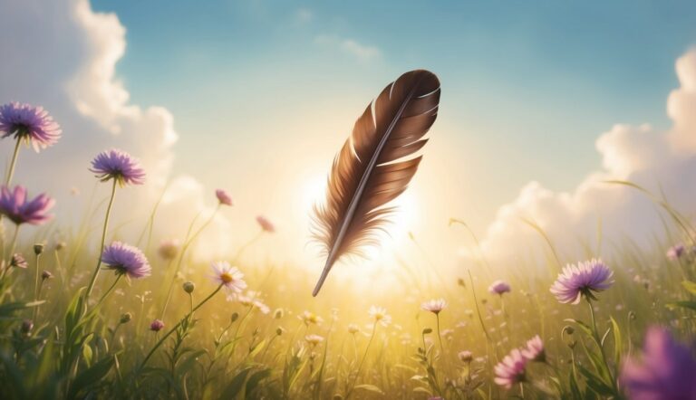 Brown feather floating above a field of wildflowers under a sunny sky