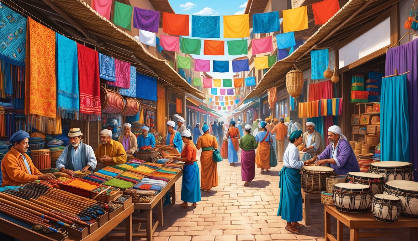 A vibrant marketplace filled with diverse vendors and bustling activity, with colorful textiles and traditional instruments on display