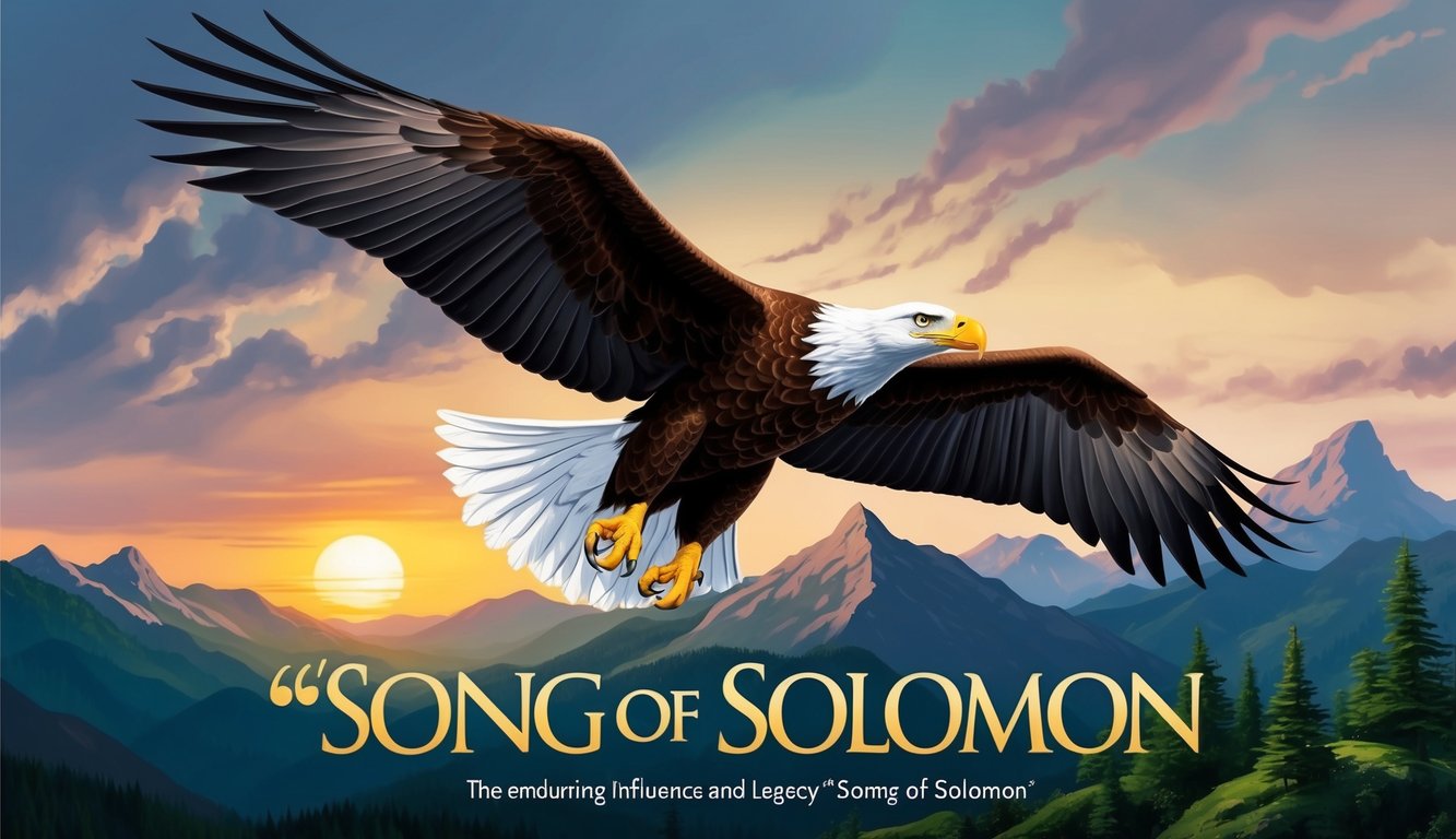 A majestic eagle soaring over a mountainous landscape, with the sun setting in the background, symbolizing the enduring influence and legacy of "Song of Solomon."