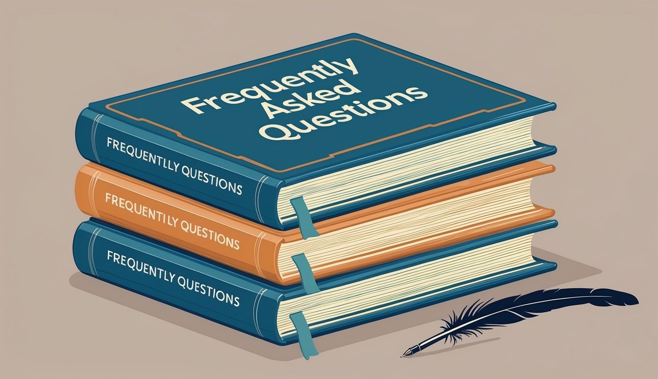 A stack of open books with the title "Frequently Asked Questions" and a feather pen resting on top