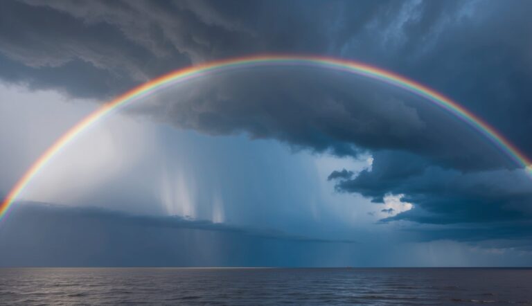 Full rainbow arcs over the ocean with dark storm clouds
