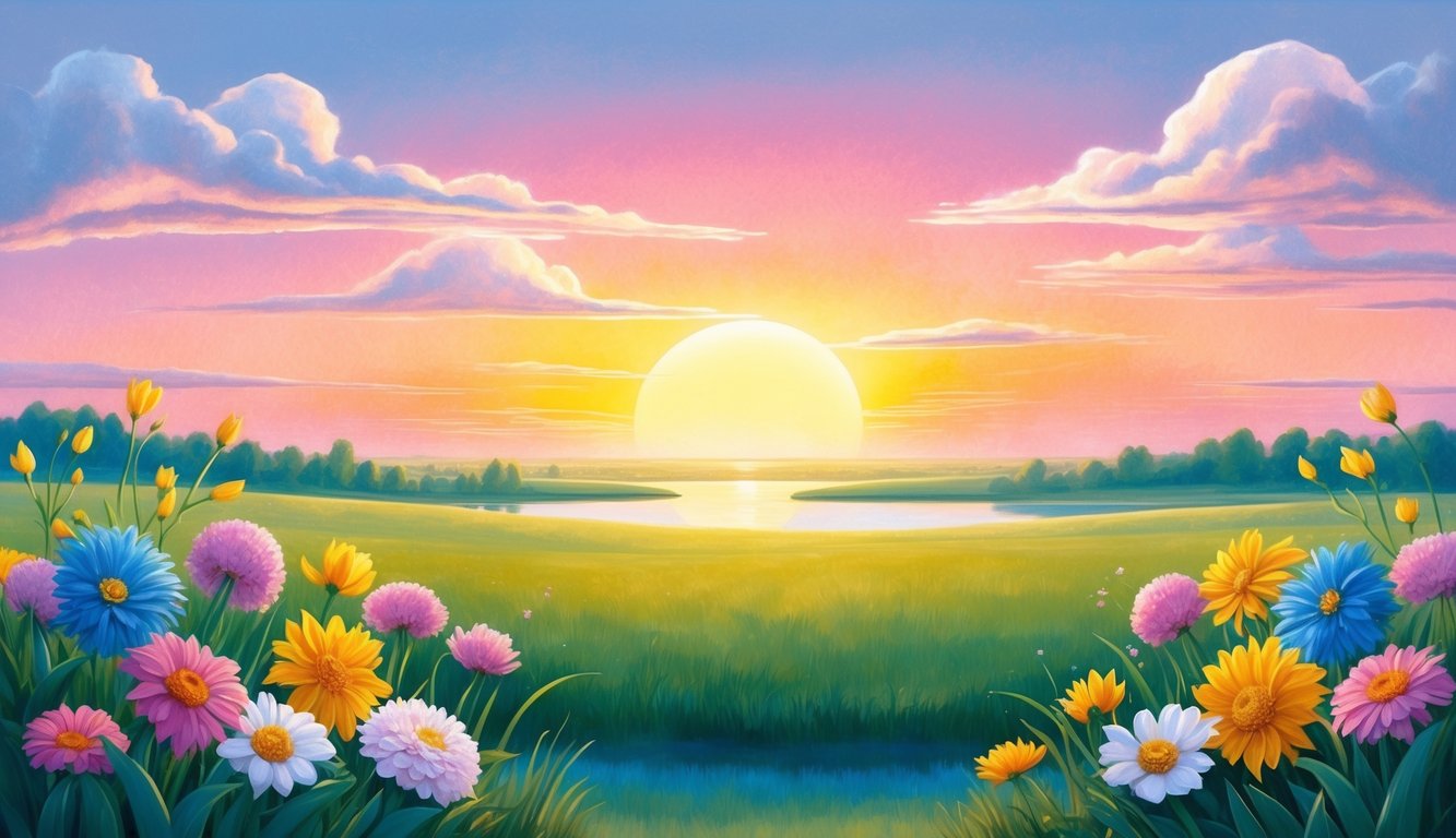 A vibrant sunrise over a tranquil landscape, with a clear sky and blooming flowers, symbolizing God's faithfulness