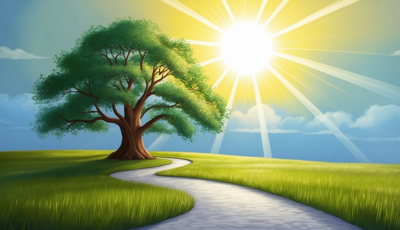 A radiant sun shining down on a tranquil landscape with a winding path leading to a majestic tree, symbolizing faithfulness